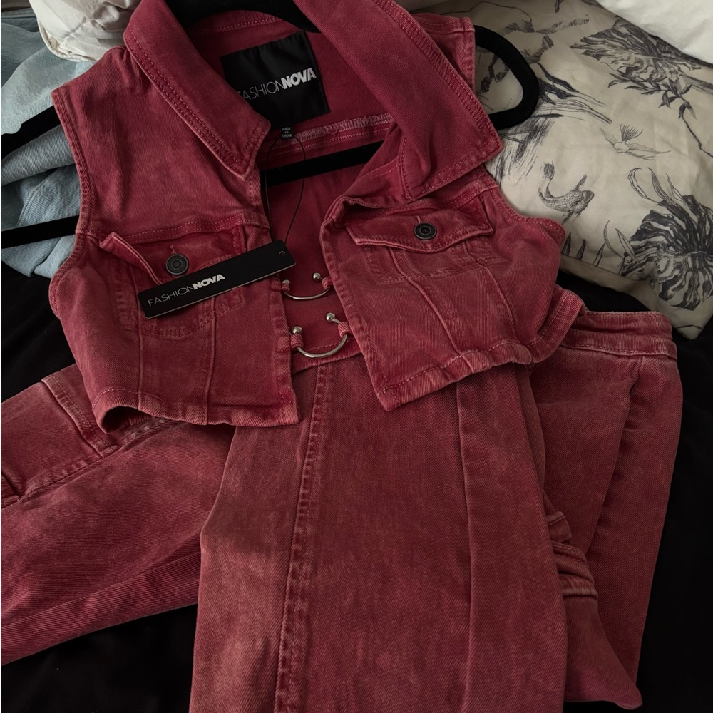 Fashion Nova Red Utility Jeans & Denim Vest
